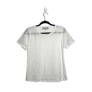 Ann Taylor LOFT White Jacquard Floral Print Semi-sheer Top Medium Petite Women’s
